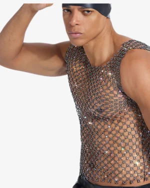 model wearing Black Rhinestone Mesh Tank top wholesale
