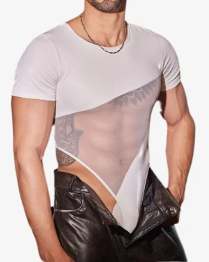 men wearing Men's White Mesh Thong Bodysuit Wholesale
