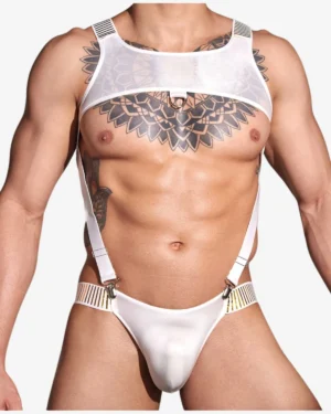 men wearing white harness singlet