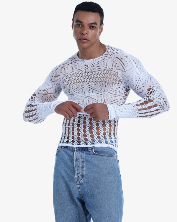 men wearing Wholesale Men's See Through Knit Lace Top White