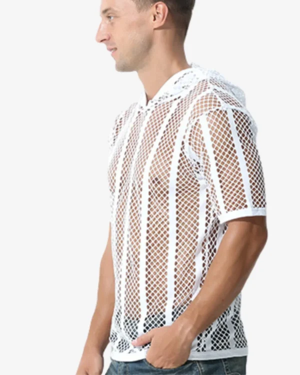 model wearing men's mesh hoodie wholesale