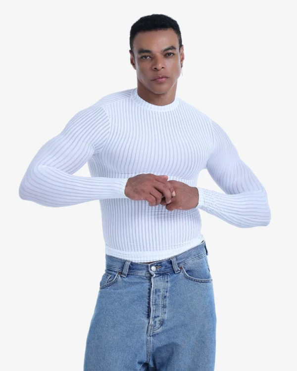 model wearing Wholesale Men's Striped Mesh Top