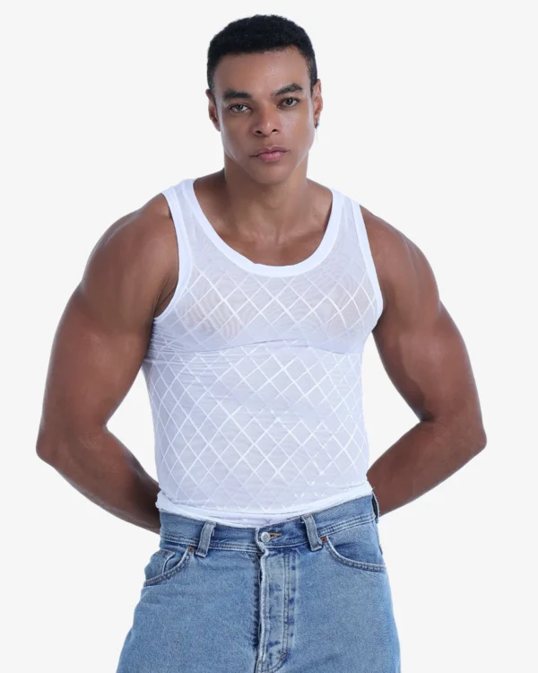 men wearing white mesh tops