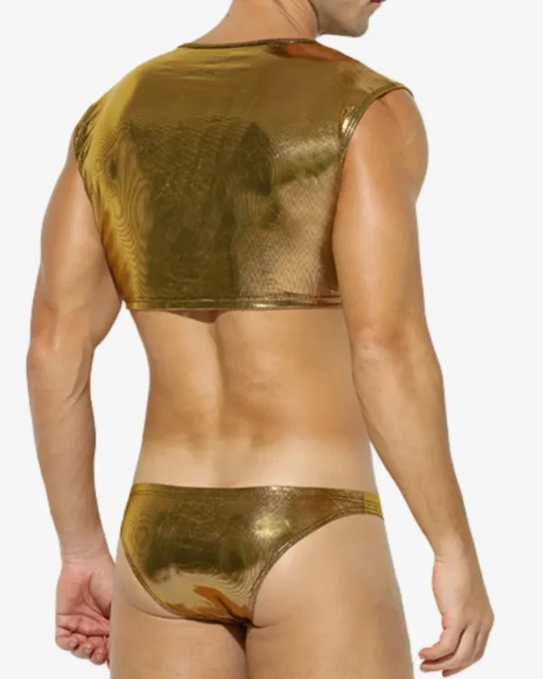 model wearing Men's gold metallic crop top wholesale