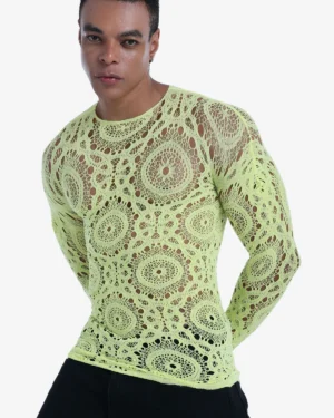 men wearing wholesale men's sheer knit lace top yellow