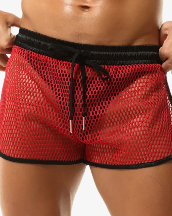 model wearing Sexy Mesh Men's Shorts Red Wholesale