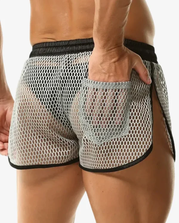 model wearing Sexy mesh men's shorts grey wholesale