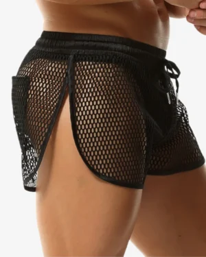 model wearing Sexy mesh men's shorts black wholesale