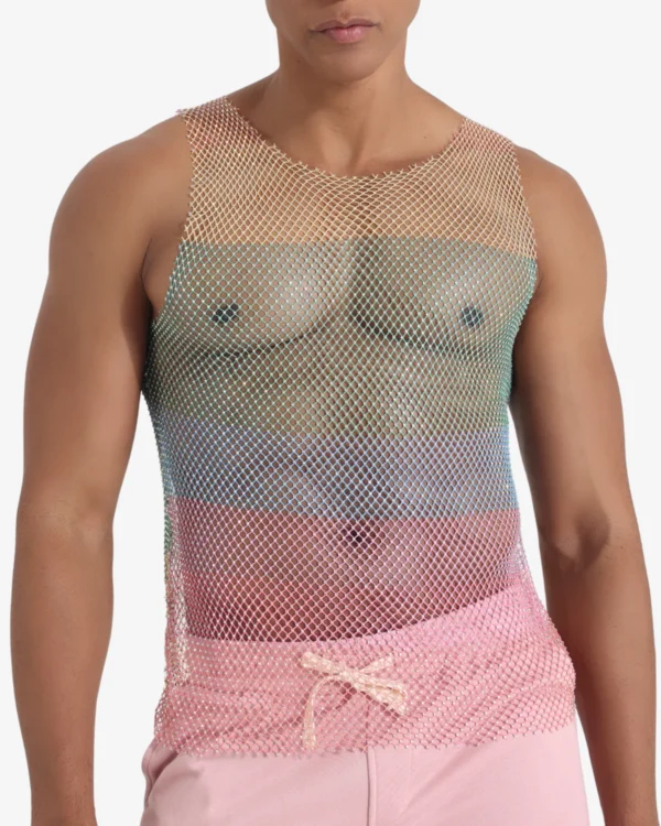 model wearing wholesale rhinestone mesh tank top for pride