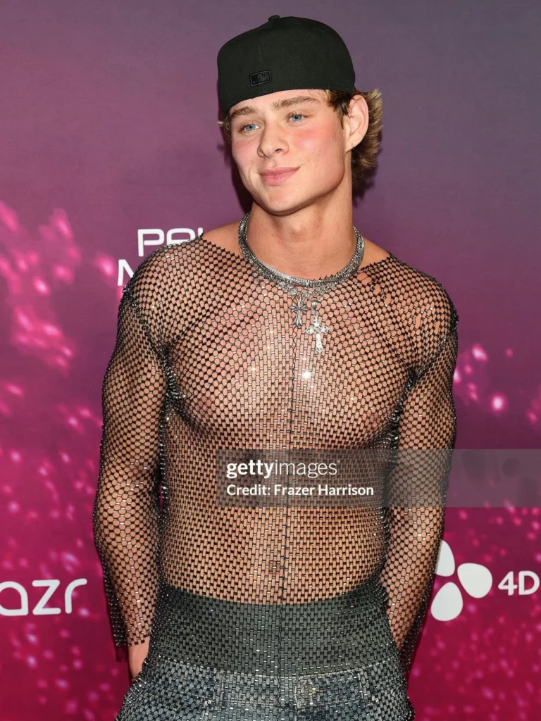 silver rhinestone fishnet top at celebrity red carpet event men's wholesale party wear