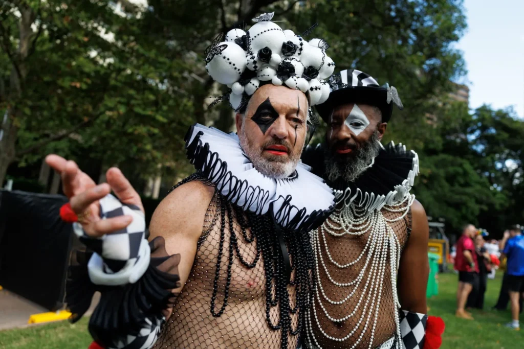 man wearing rhinestone mesh tank top at Sydney Mardi Gras 2026 circuit party outfit
