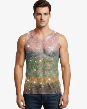 wholesale rhinestone mesh tank top men rainbow pride spicy and shiny