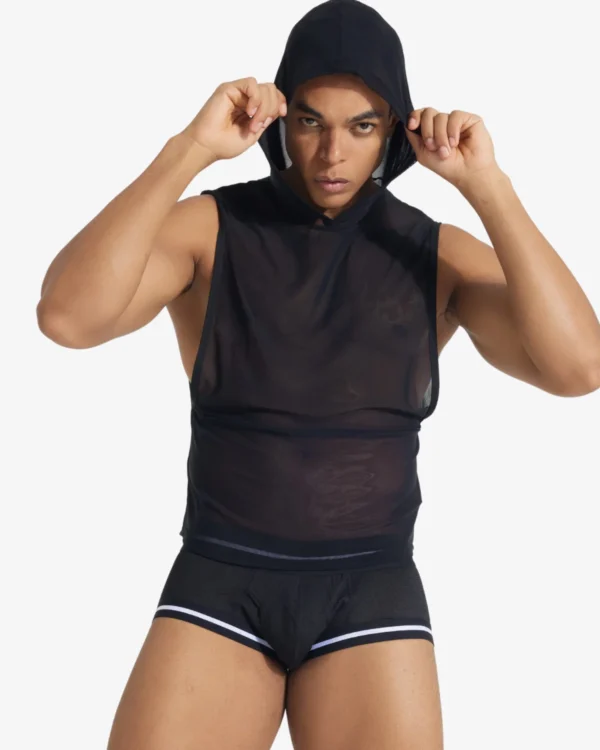 Model wearing wholesale mesh muscle hoodie with hood up — wholesale gay men's hooded tank top for boutiques