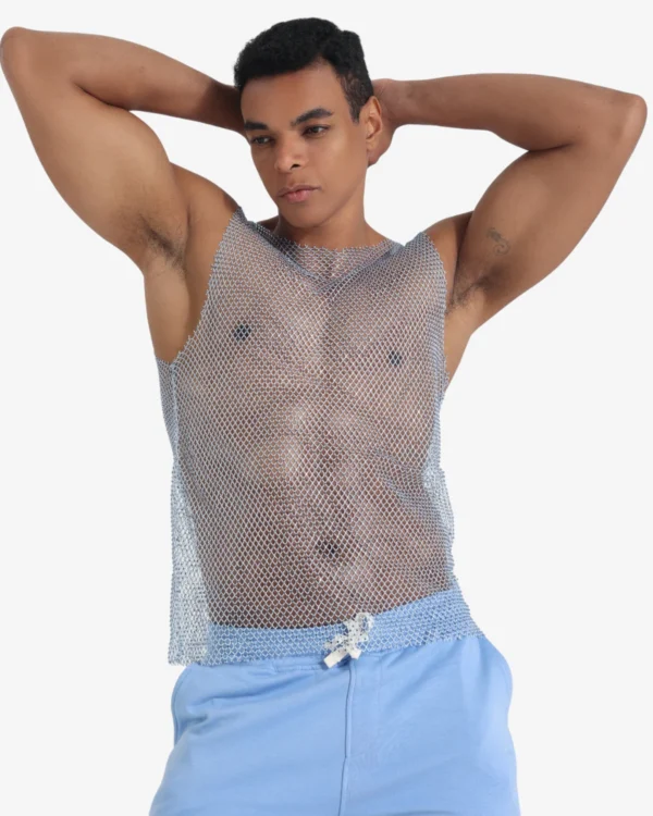 model wearing men's rhinestone mesh tank top by spicy and shiny