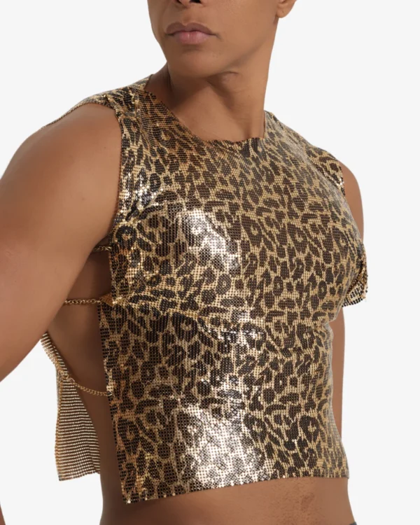 model wearing wholesale men's leopard chainmail crop top by spicy and shiny