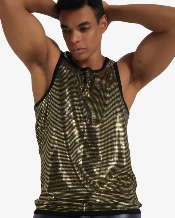 Male model stretching in a sparkly gold sequin men's tank top with black trim.