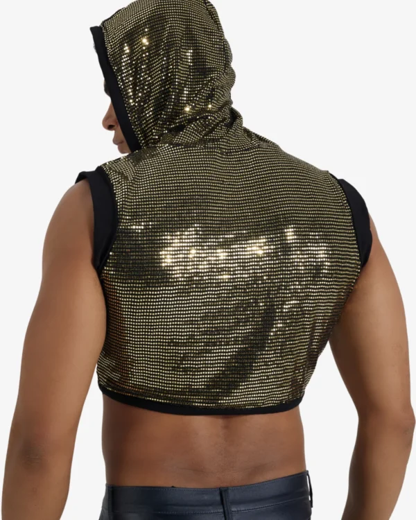 Back view of a male model wearing men's sequin hoodie crop top for circuit partie -wholesale gay apparel