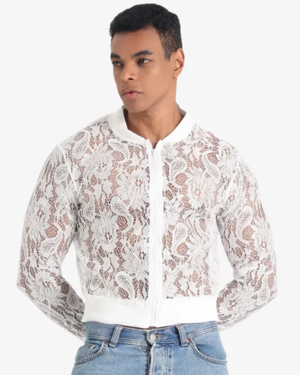 model wearing wholesale men's white lace bomber jacket