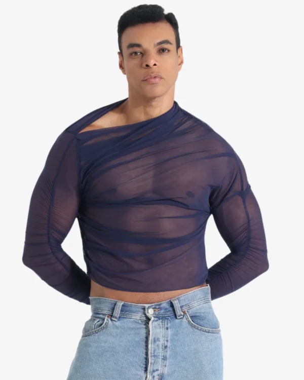 Model wearing sheer mesh crop top with asymmetric cutout neckline — wholesale gay men's party wear by Spicy and Shiny