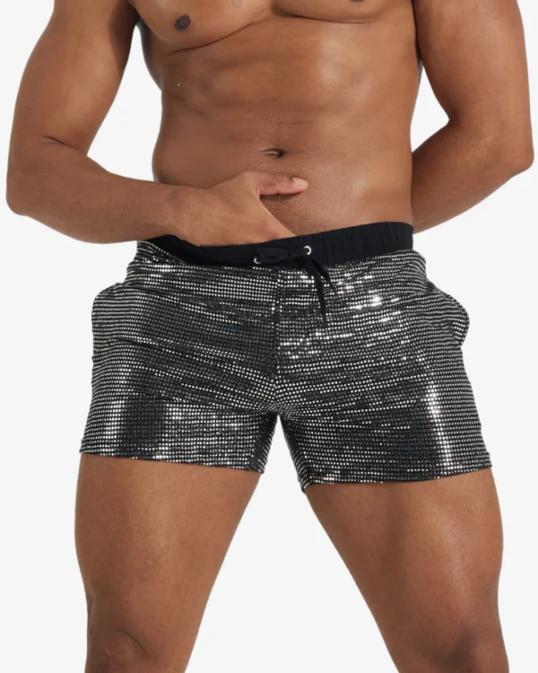 model wearing black sequin party shorts wholesale gay apparel