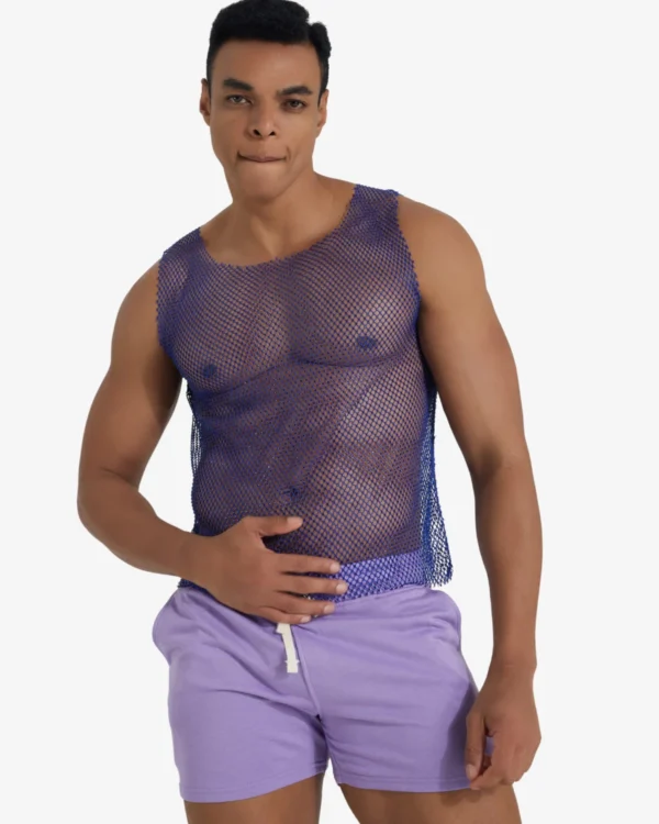 model wearing men's royal blue rhinestone mesh tank for pride and parties by spicy and shiny