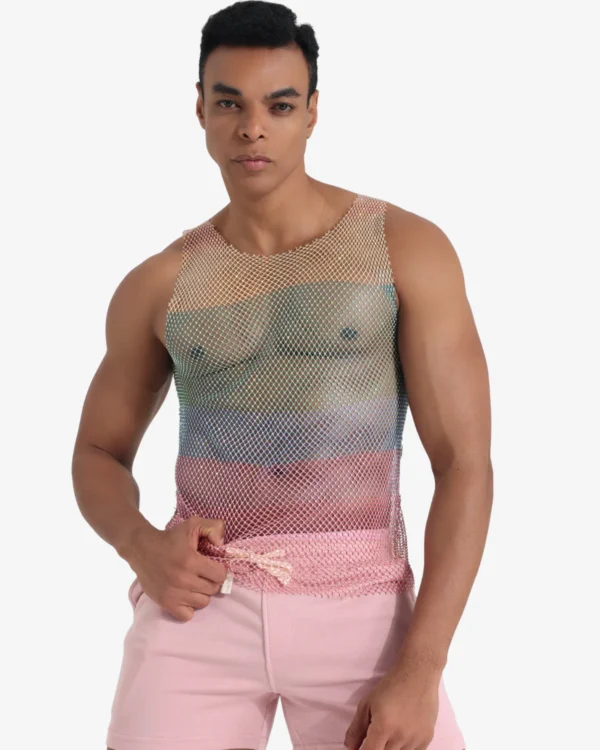 model wearing wholesale men's rainbow rhinestone mesh tank
