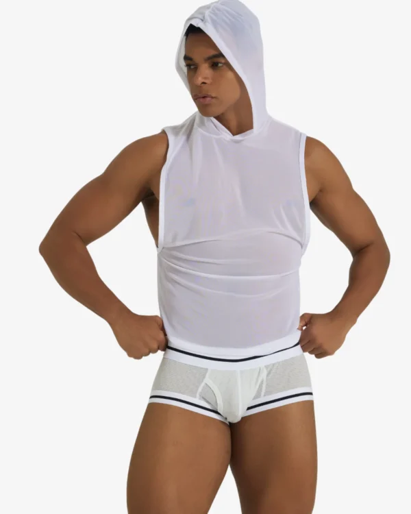 Model wearing wholesale gay men's sheer mesh top — wholesale men's see-through hooded muscle tank by Spicy and Shiny