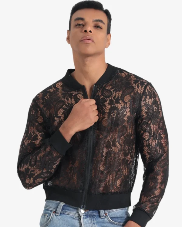 model wearing men's black lace bomber jacket wholesale gay apparel by spicy and shiny