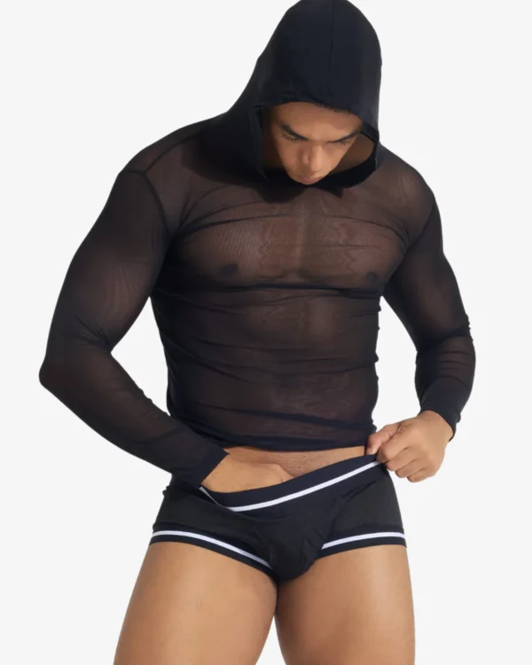 Model wearing black wholesale men's sheer mesh hoodie with long sleeve — wholesale gay men's see-through party wear