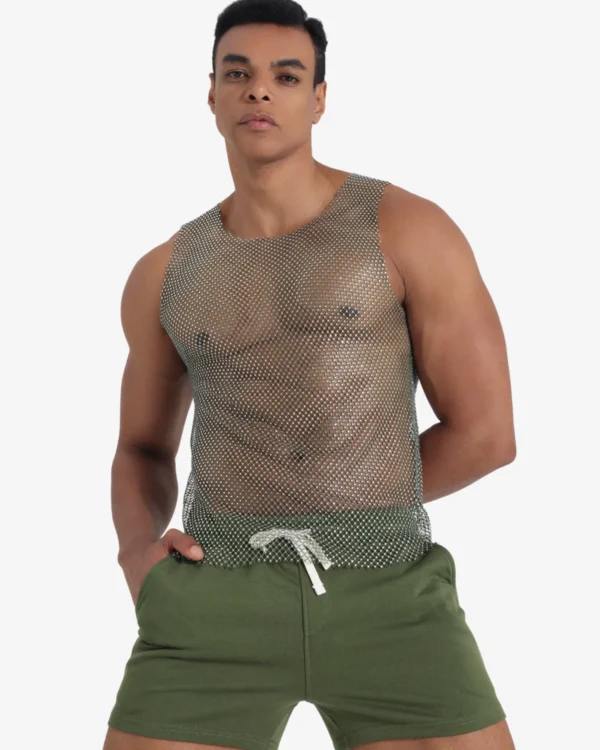 model wearing men's olive green rhinestone mesh top