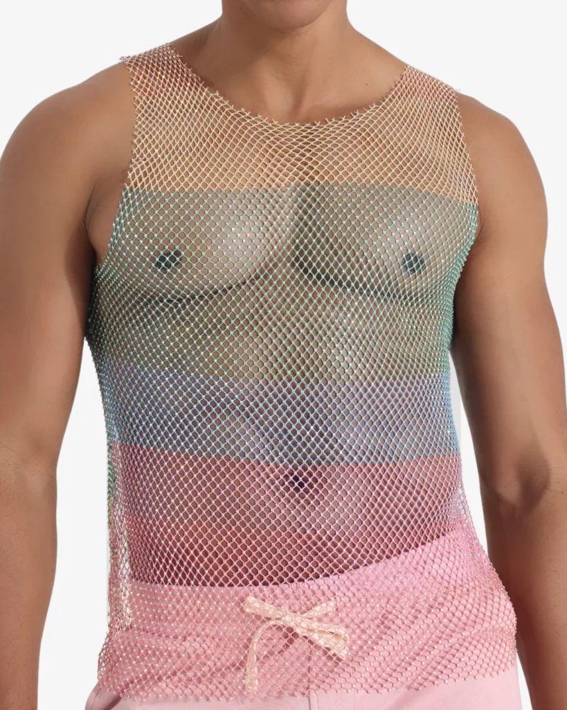 Model wearing pride rainbow rhinestone sparkly tank top by spicy and shiny wholesale gay apparel