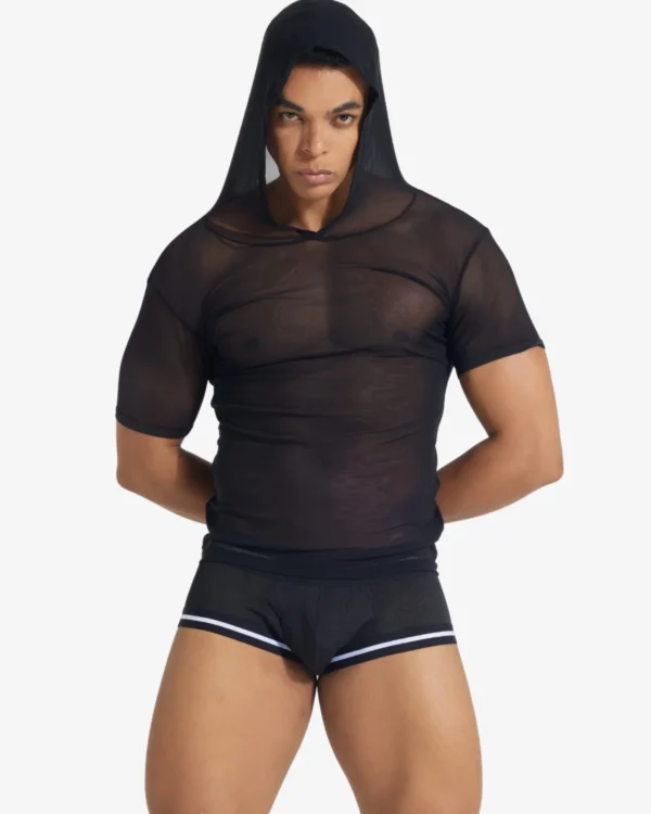 Model wearing wholesale men's sheer mesh hooded top with short sleeves — wholesale men's see-through hoodie by Spicy and Shiny