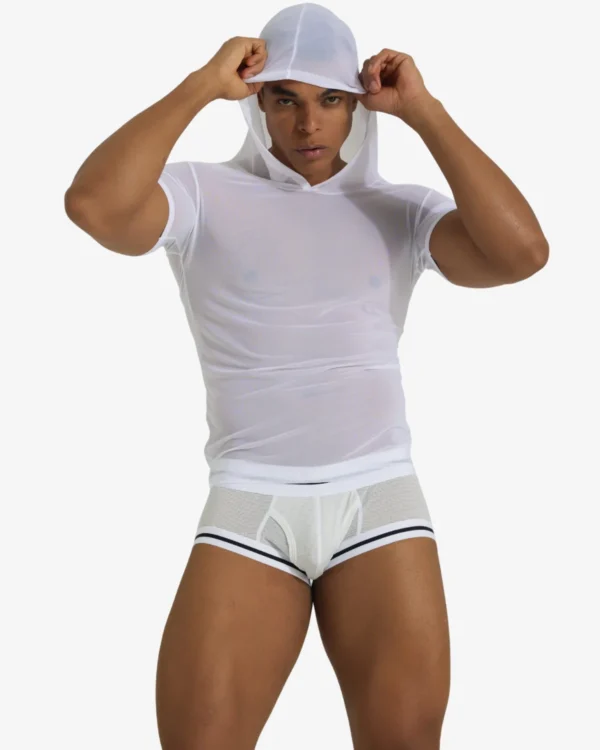 Model wearing wholesale gay men's sheer mesh top — wholesale men's see-through hooded t-shirt for gay boutiques