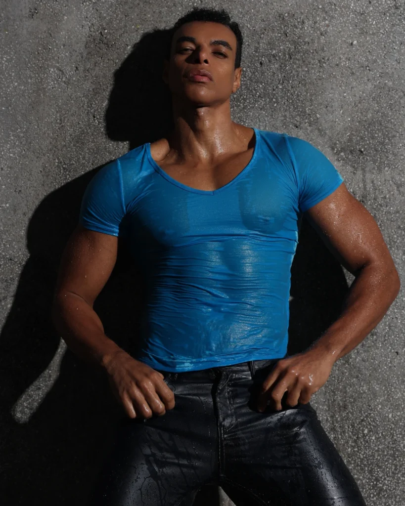 model wearing spicy and shiny modal tee wholesale gay apparel