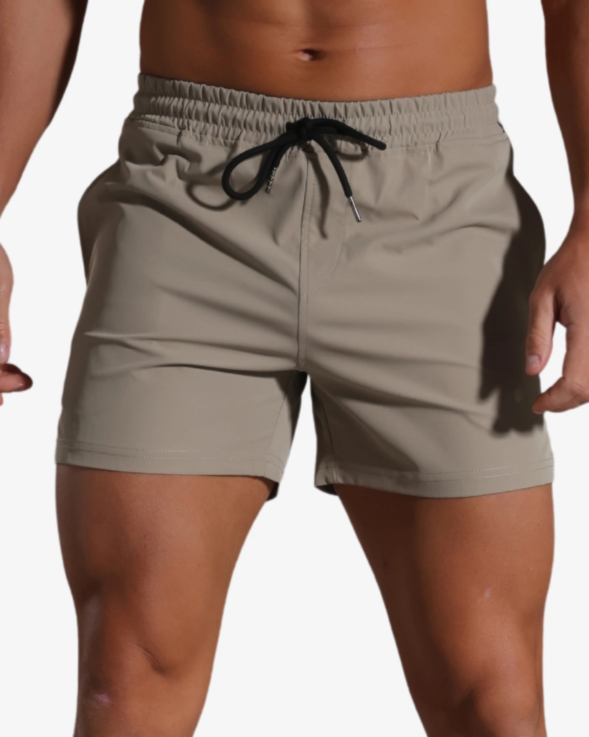 Wholesale men's Khaki quick-dry gym shorts, 3 inch inseam – Spicy and Shiny