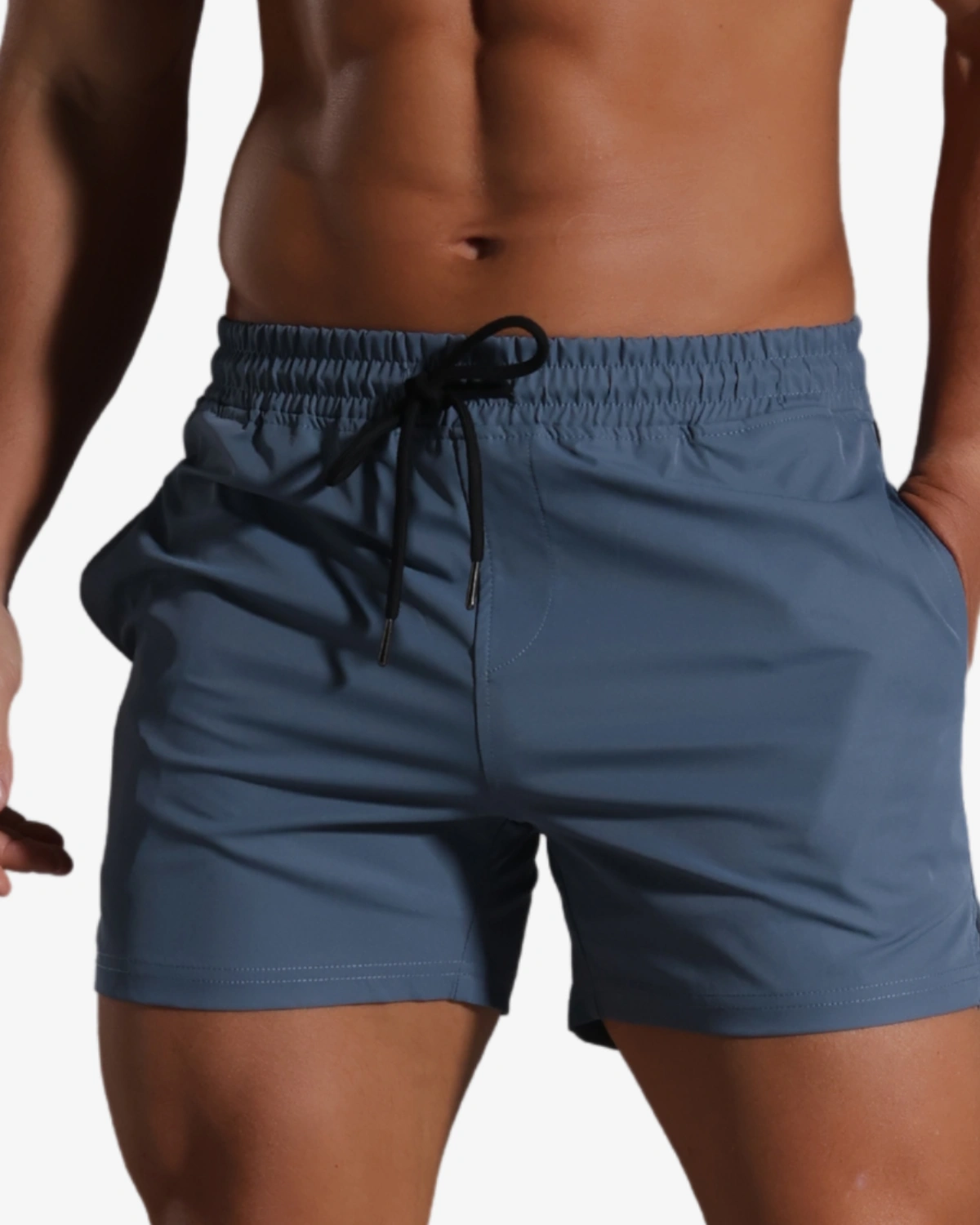 Wholesale men's steel blue quick-dry gym shorts, 3 inch inseam – Spicy and Shiny