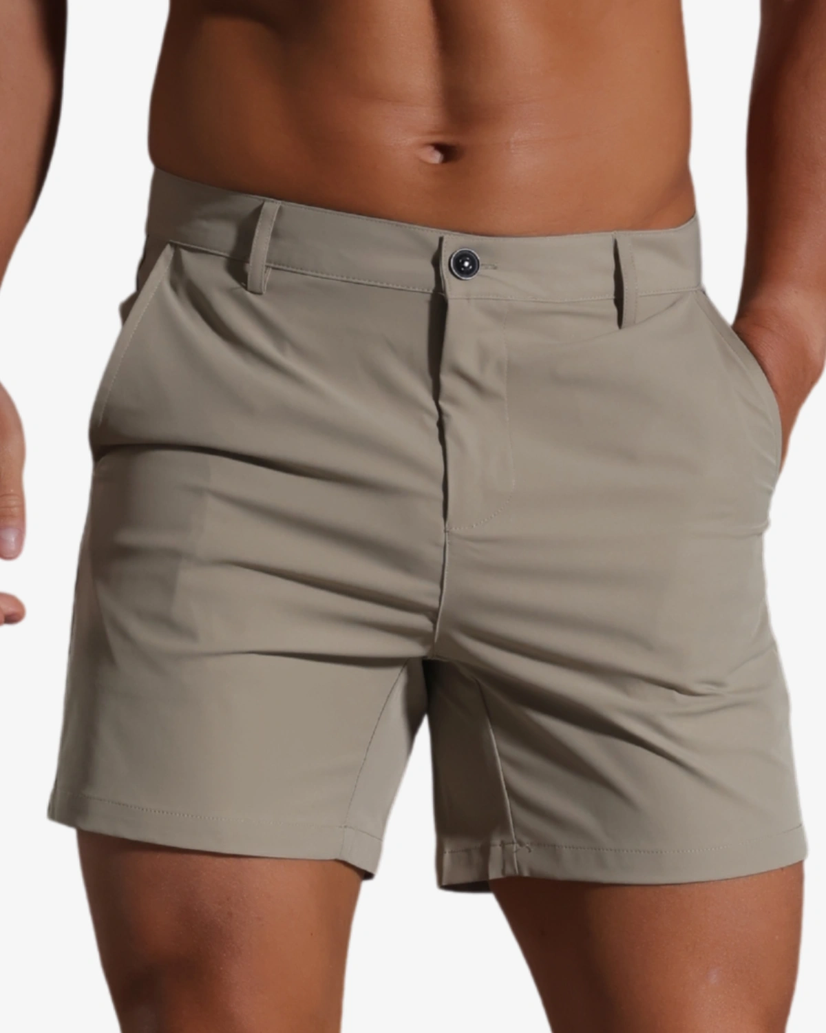 Wholesale men's khaki quick-dry gym shorts, 4 inch inseam – Spicy and Shiny