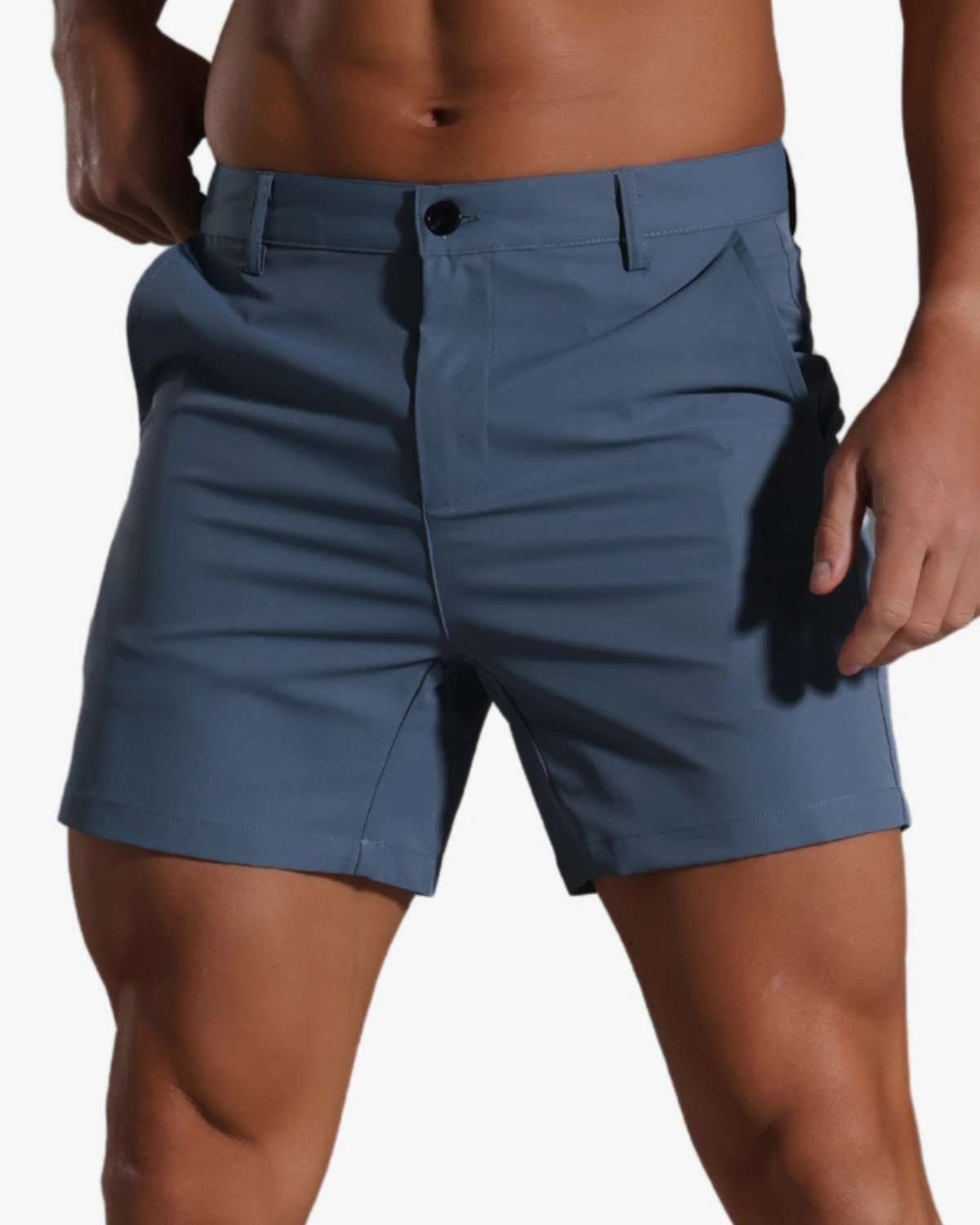 Wholesale men's steel blue quick-dry gym shorts, 4 inch inseam – Spicy and Shiny