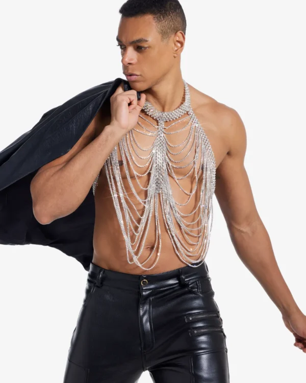 Silver draped rhinestone body chain for men festivals and circuit partywear -spicy and shiny