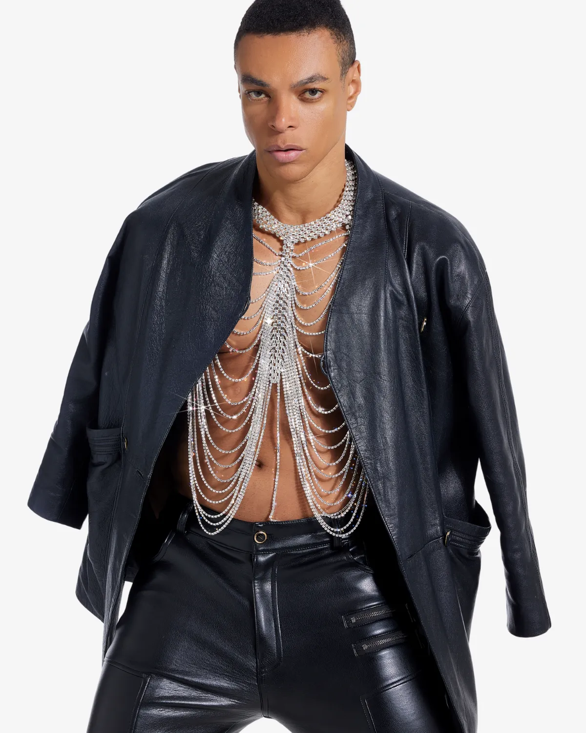 Silver Draped Rhinestone Body Chain Harness - Image 4