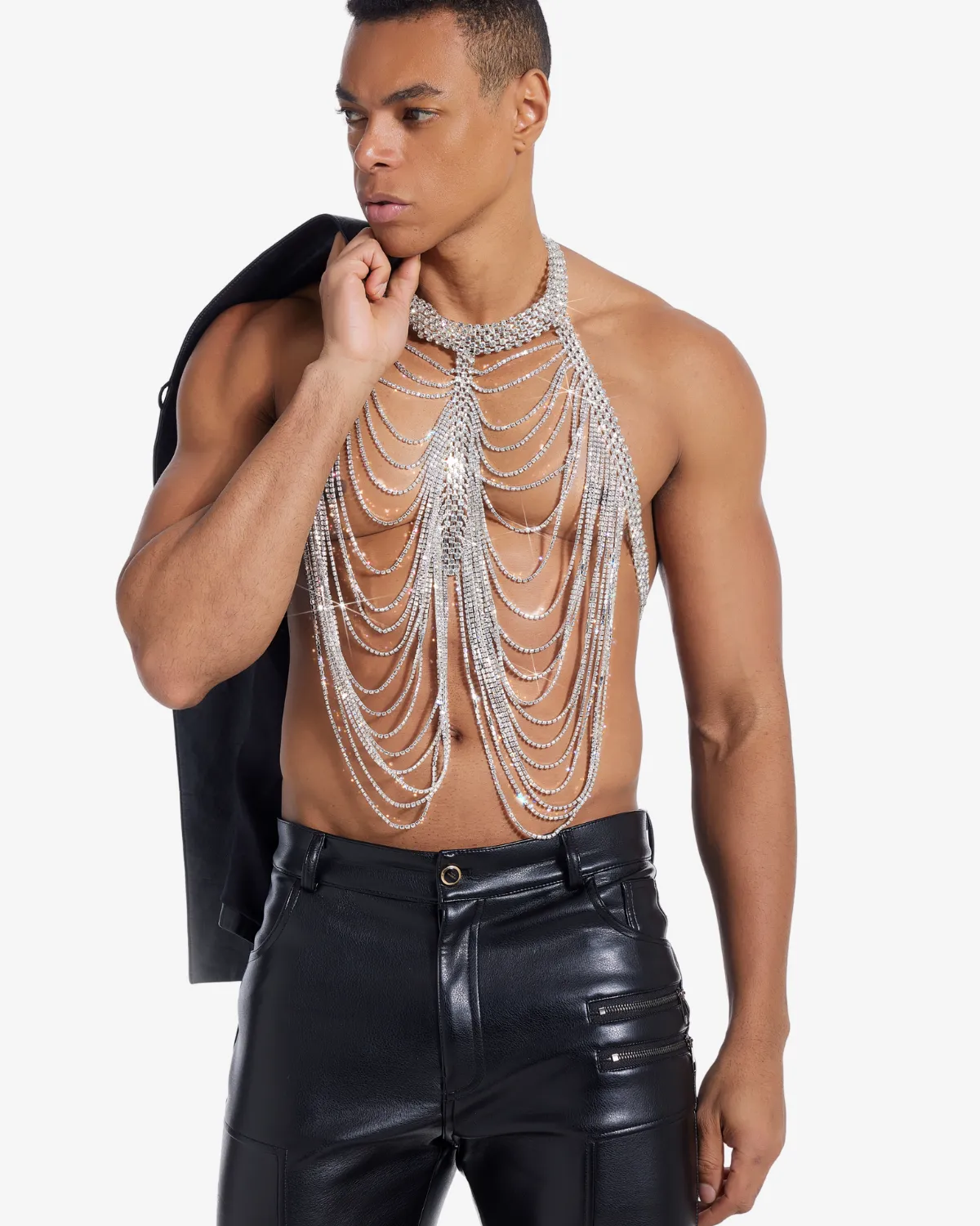 Silver draped rhinestone body chain for men festivals and circuit partywear