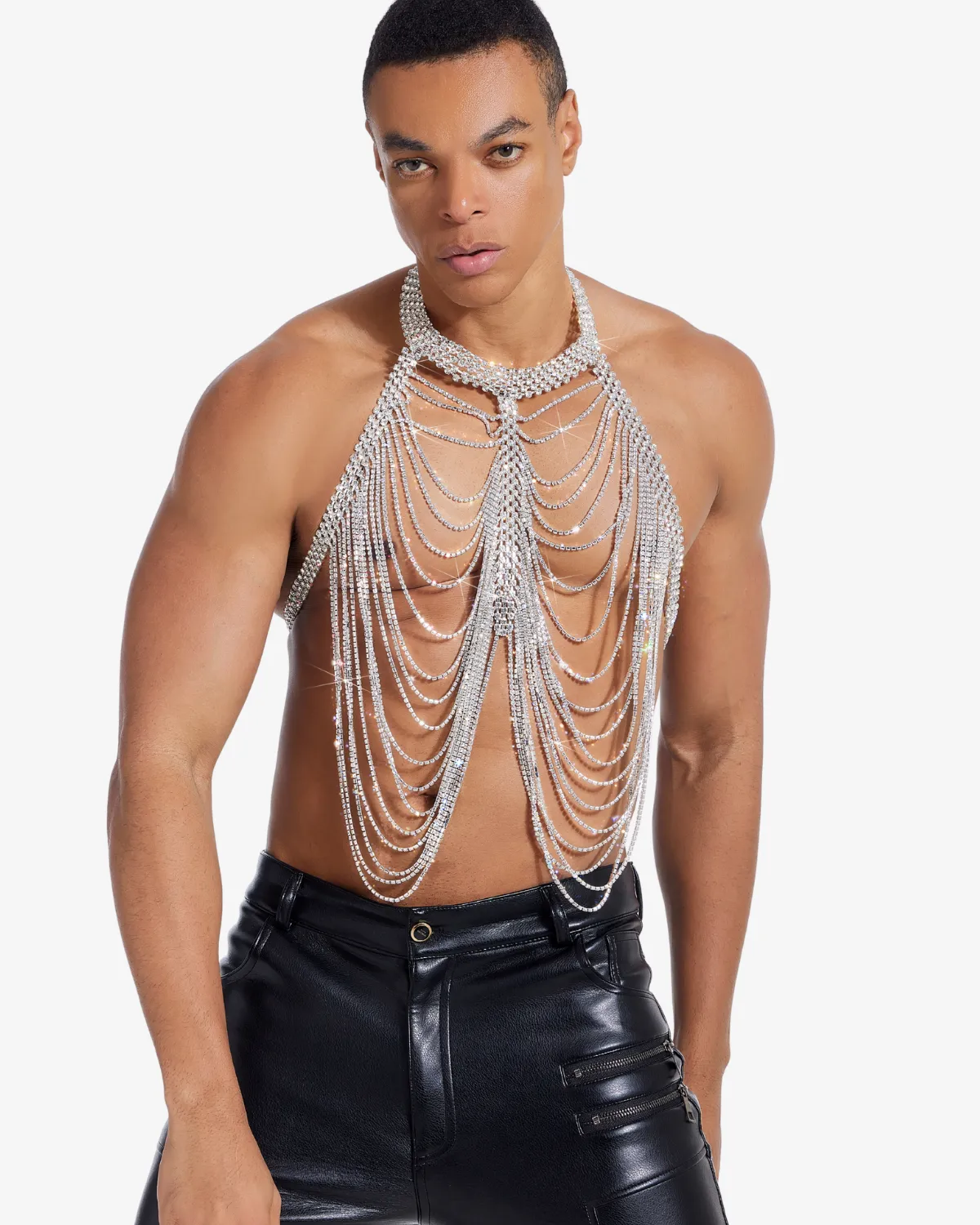 model wearing in Silver draped rhinestone body chain for men festivals and circuit partywear
