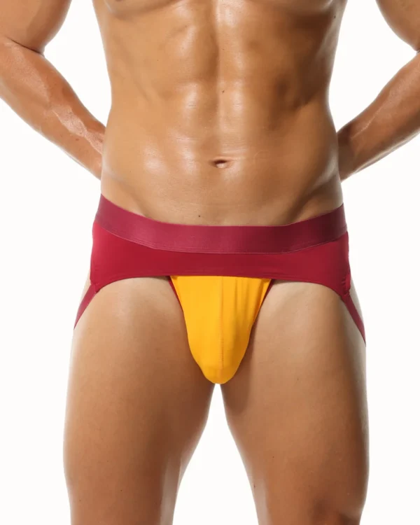 Burgundy jockstrap wholesale, yellow contrast pouch, front view