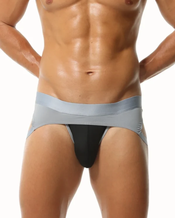 Grey jockstrap wholesale, gold contrast pouch, front view