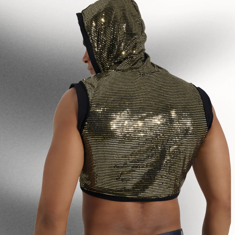 Sleeveless hooded sequin top - Sparkly men's halloween outfit ideas