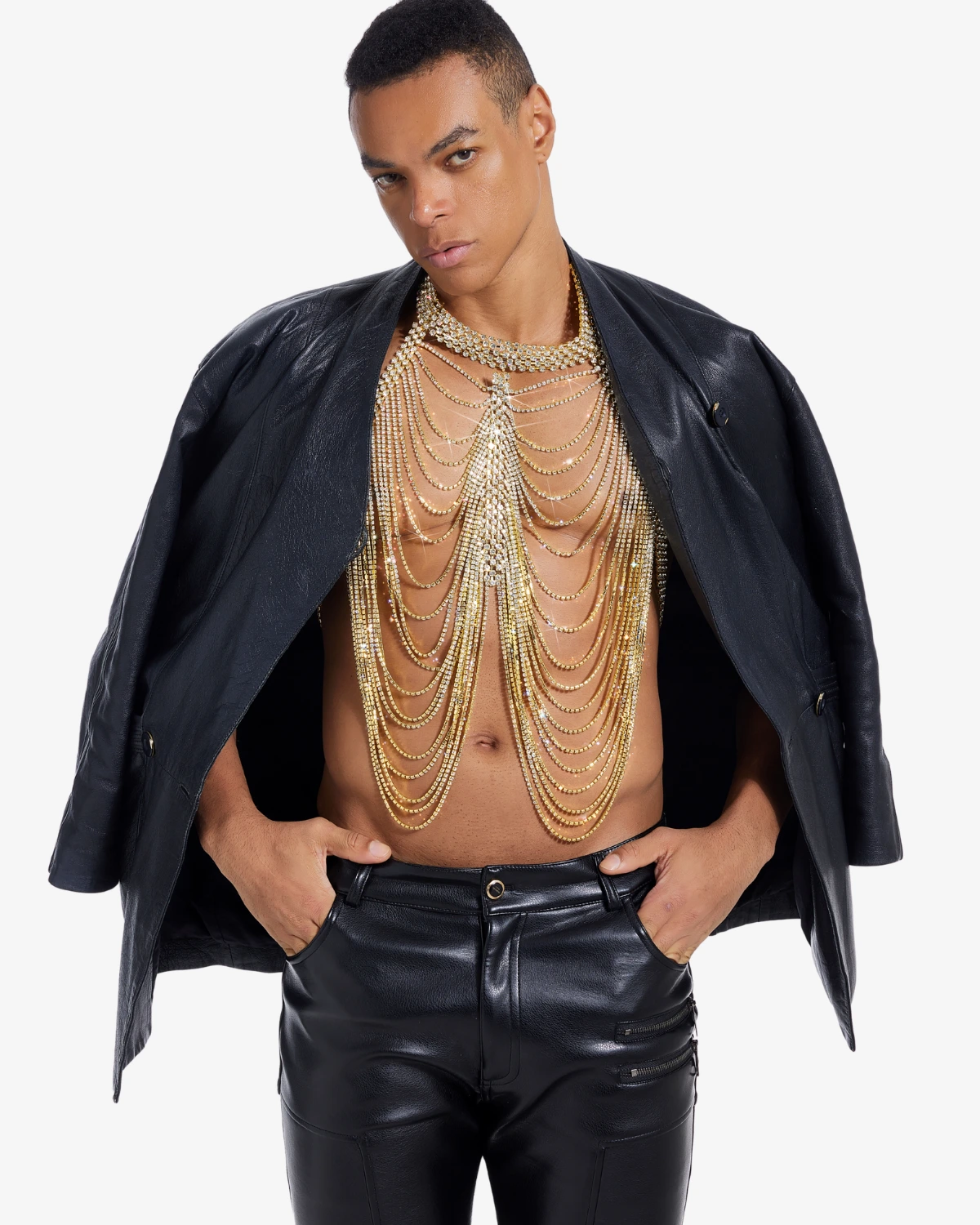 Gold draped rhinestone body chain harness for men festival and circuit partywear