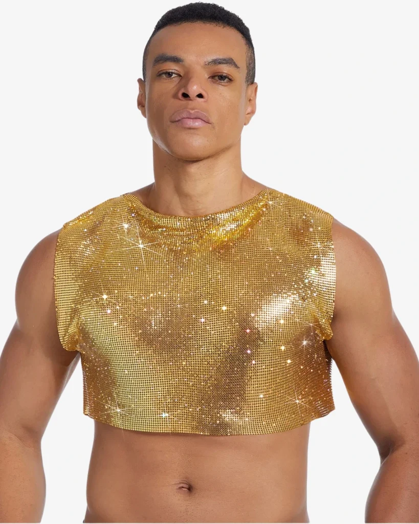 Gold metallic sequin crop top for men's halloween outfit ideas