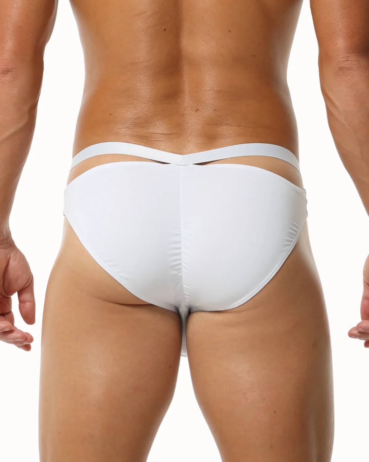 White jock brief wholesale, covered seat with hip cutouts - Spicy and Shiny Private Label Underwear supplier