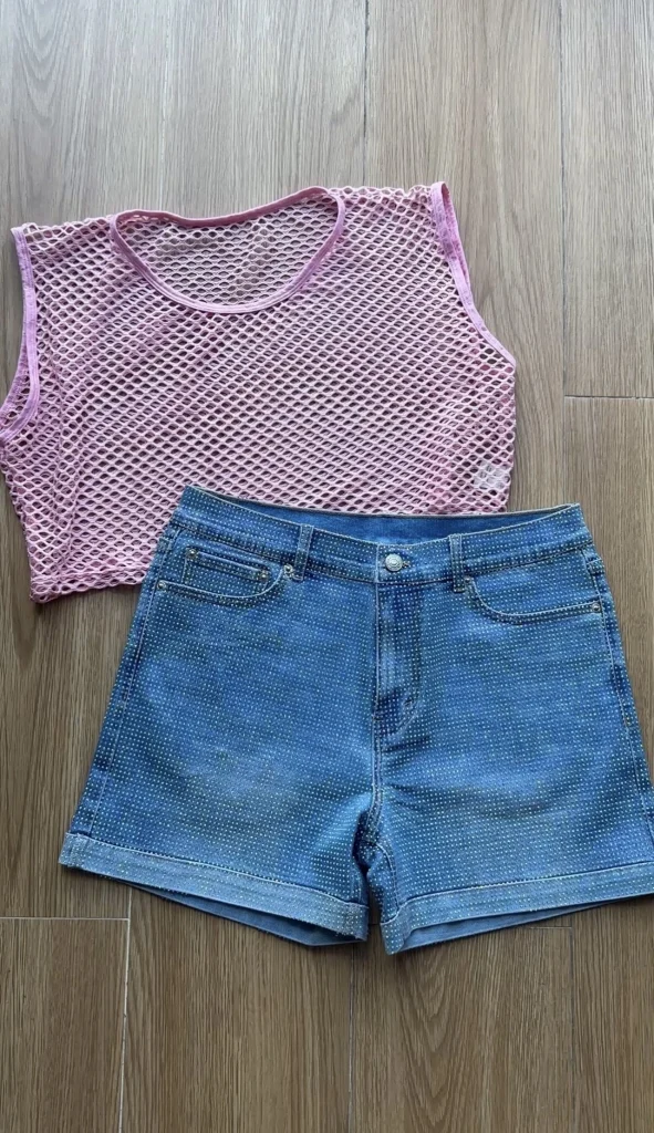 Light blue rhinestone denim shorts with pink mesh top - Men's halloween outfit ideas