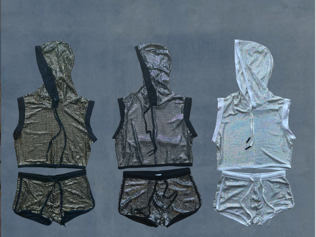 sequin crop top and short shorts set -men’s Halloween outfit ideas sparkly party wear